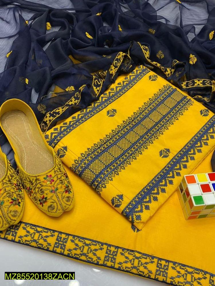 3 PCs Women's Unstitched Cotton Embroidered Suit