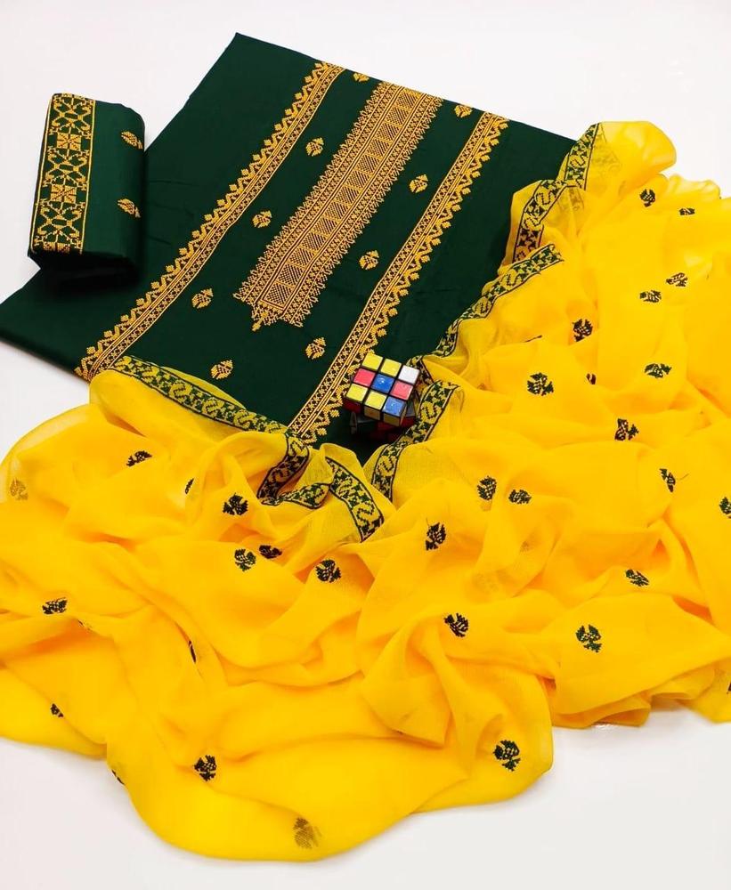 3 PCs Women's Unstitched Cotton Embroidered Suit