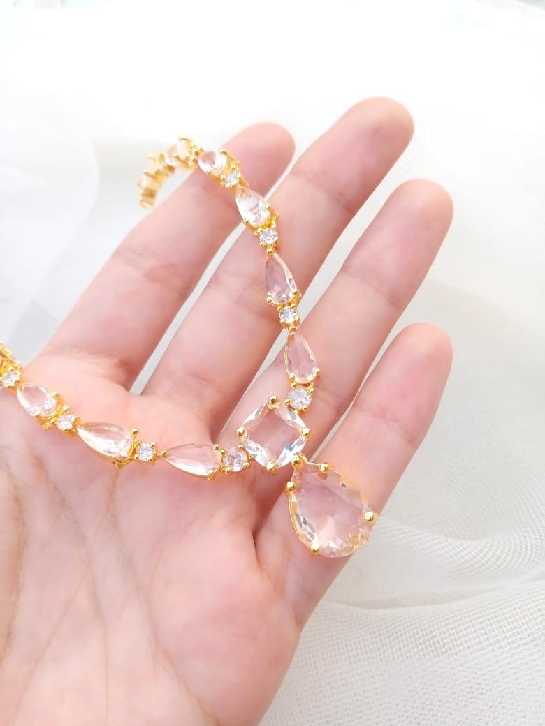 Elegant Gold Plated Fancy Necklace Set with Semi Precious Stones for Women