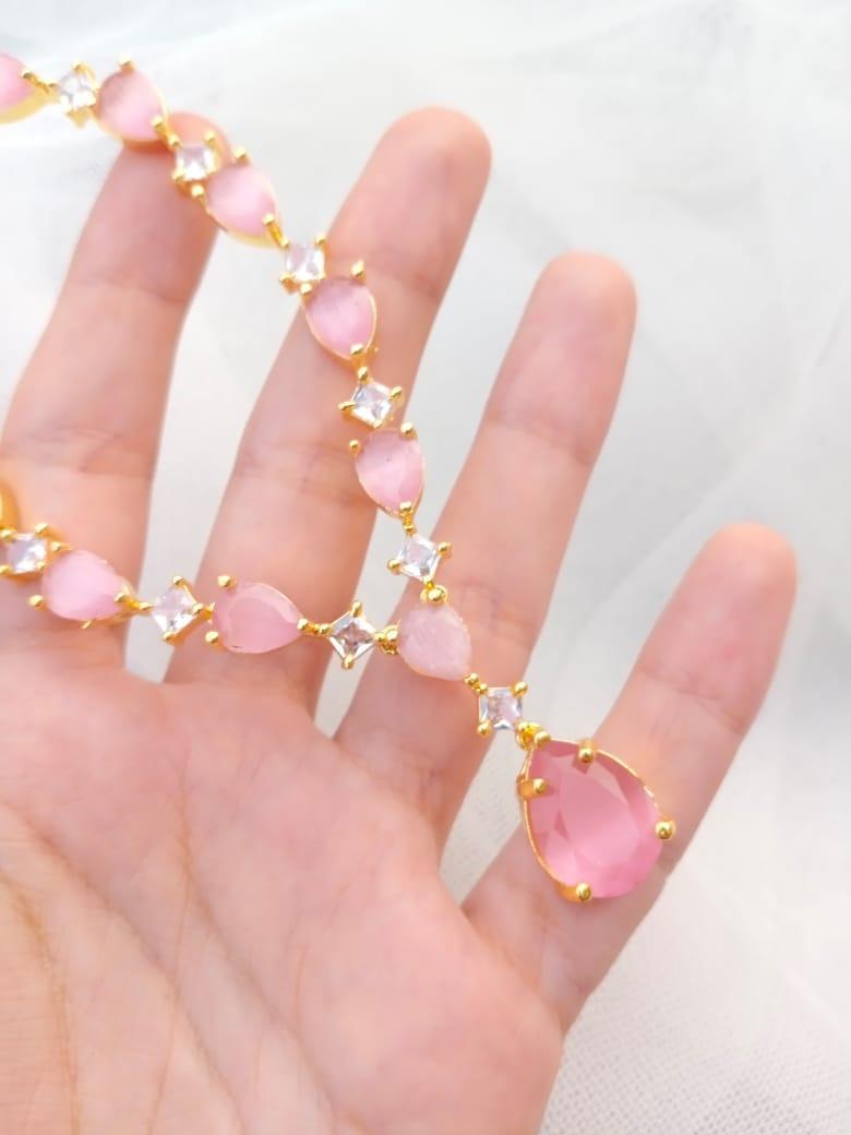 Fancy Gold Plated Necklace Set with Pink Semi Precious Stones for Women