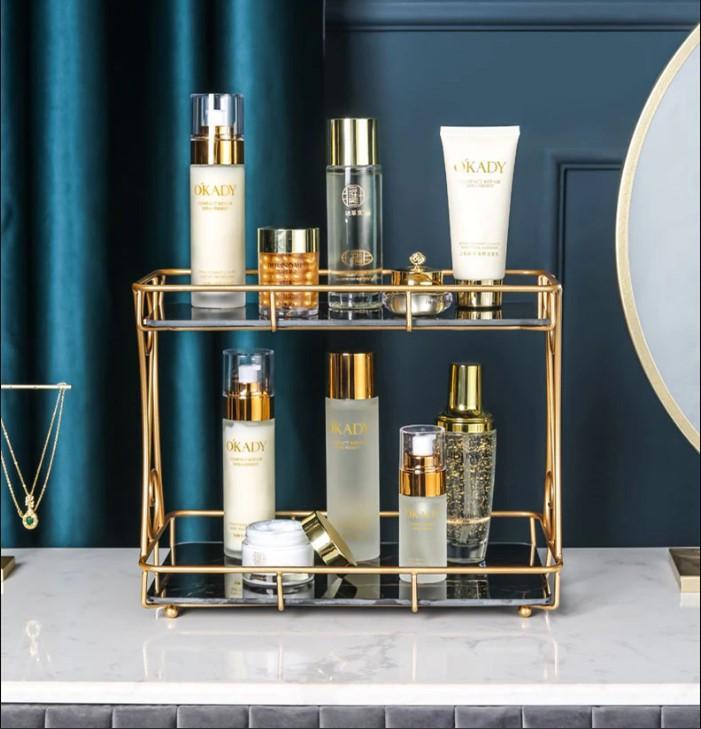 Golden Metal Makeup Organizer - No Leak Storage Solution for Organized Makeup