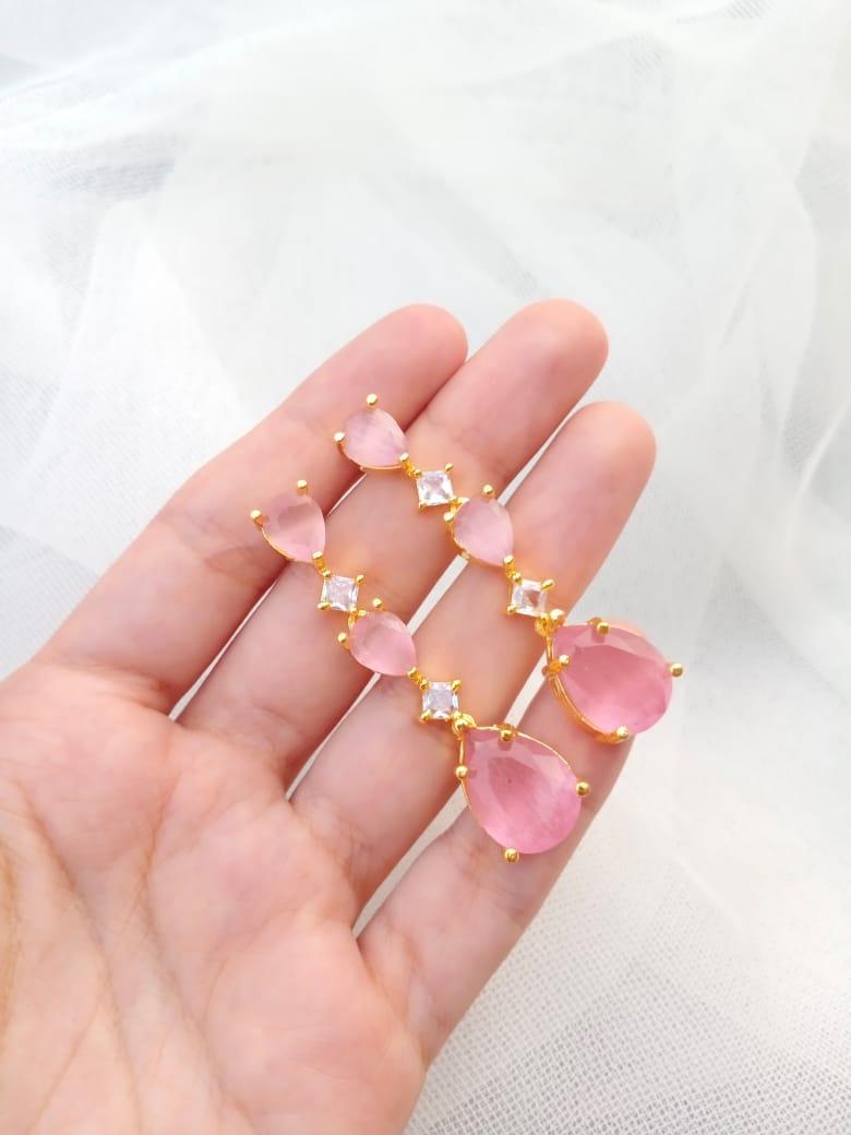 Fancy Gold Plated Necklace Set with Pink Semi Precious Stones for Women