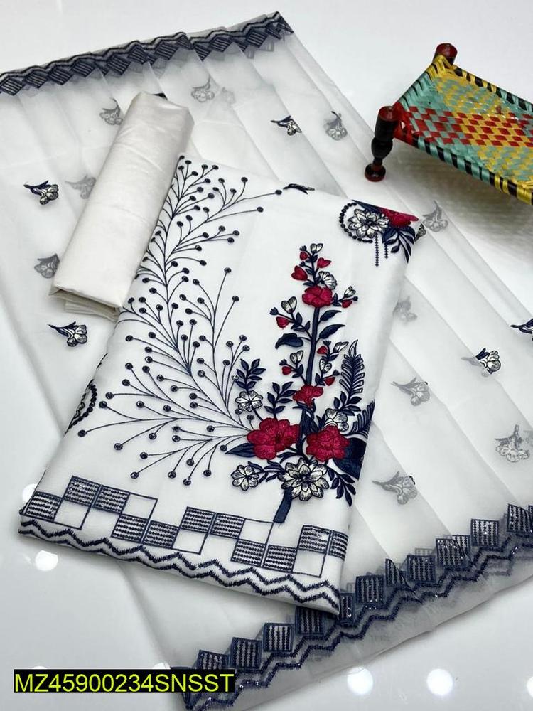 3 PCs Woman's Unstitched Organza Embroidered Suit