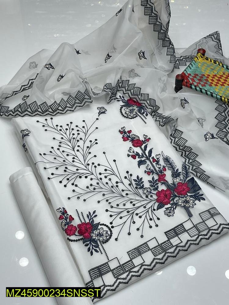 3 PCs Woman's Unstitched Organza Embroidered Suit