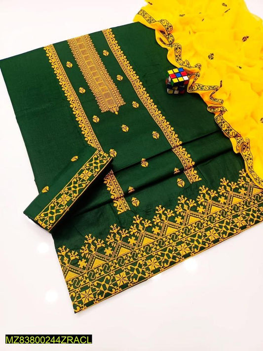 3 PCs Women's Unstitched Cotton Embroidered Suit