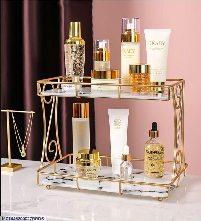 Golden Metal Makeup Organizer - No Leak Storage Solution for Organized Makeup