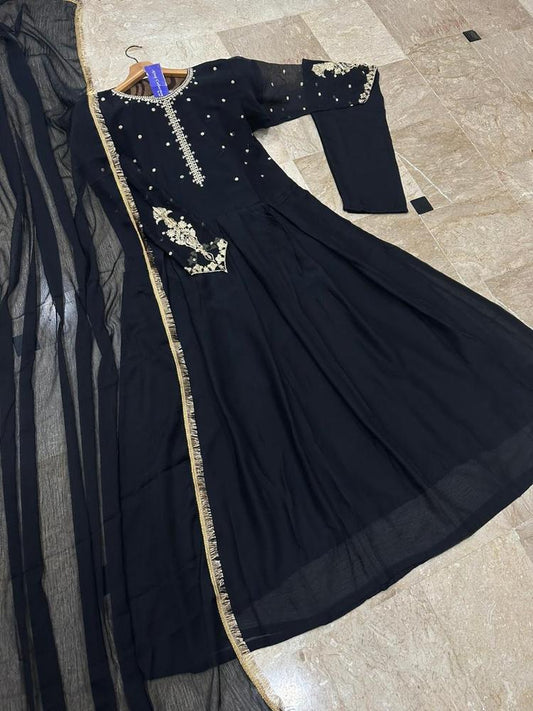 3 Pcs Women's Stitched Chiffon Embroidered Maxi